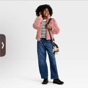 Target Pink Faux Fur Jacket with Striped Top and Blue Jeans